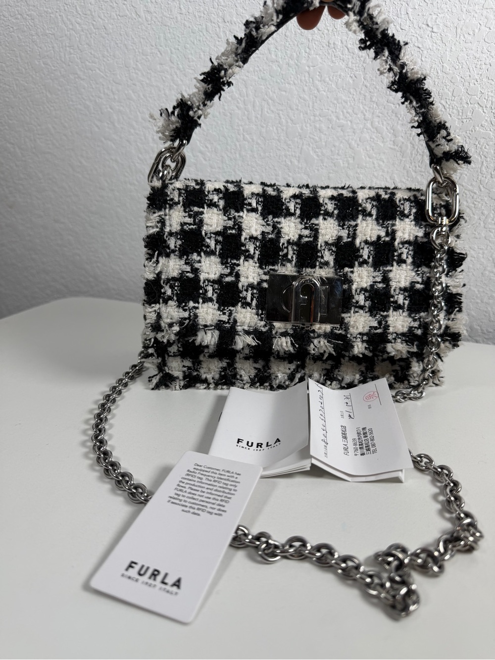 Furla Black & White Tweed Crossbody Bag with Silver Chain
